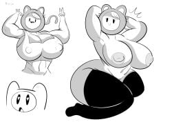 2015 adventure_time black_legwear breasts cartoon_network cleavage female_focus finn_the_human heart-shaped_pupils hood huge_breasts large_breasts line_art monochrome nipples open_mouth smile solofrozen susan_strong thick_thighs thighhighs thighs