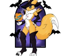 anthro bandai_namco black_sclera blue_eyes breasts canid canine claws clothed clothing digimon digimon_(species) digital_media_(artwork) fanathir female food fruit fur genitals halloween hand_on_hip hat headgear headwear holidays jack-o'-lantern mammal nipples nude partially_clothed plant pumpkin pussy renamon simple_background solo white_body white_fur witch_costume witch_hat yellow_body yellow_fur