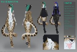 2016 absurd_res anthro clothed clothing dress elizabeth_"bit"_wise english_text felid feline female fur green_hair hair hi_res kiyorakachi leopardus long_tail mammal margay model_sheet multicolored_body multicolored_fur nude pawpads piercing solo spots spotted_body spotted_fur stated_homosexuality text tongue tongue_out torn_clothing