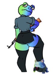 anthro anthro_female ass frog frog_girl from_behind furry gradient_skin gun martincitopants office_clothing