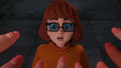 1girls 3d blender brown_hair female glasses looking_at_penis medium_hair multiple_penises open_mouth penis_awe redmoa scooby-doo surrounded_by_penises sweater tagme velma_dinkley