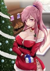 1girls alternate_costume bare_shoulders bell blush breasts button_gap chest_belt christmas_lights christmas_ornaments christmas_outfit christmas_stocking christmas_tree cleavage cross-laced_slit crossed_arms detached_sleeves dress elbow_gloves female female_only fire fire_emblem fire_emblem:_the_sacred_stones fireplace gift gloves hair_ornament hair_tie highres indoors large_breasts light-skinned_female light_skin long_hair looking_at_viewer magenta_eyes marisa_(fire_emblem) neck_bell nintendo pink_hair ponytail pout santa_dress short_dress skindentation snowflake_print snowing solo sweatdrop upper_body vialnite window_fog