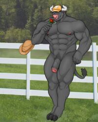 4:5 abs anthro biceps big_penis bovid bovine cattle clothing cowboy_hat facial_piercing fence flaccid flower foreskin genitals grass hat hat_only headgear headgear_only headwear headwear_only hi_res hooves horn leaning leaning_back leaning_on_fence male mammal mostly_nude muscular muscular_arms muscular_legs navel nipple_piercing nipples nose_piercing nose_ring nude outside pecs penis picket_fence piercing plant pubes ring_piercing ronixed rose_(flower) smelling_flower smile solo tree triceps vein veiny_penis