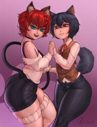 2boys aqua_eyes ass big_ass cat_ears cat_tail dog_ears eye_contact femboy fully_clothed gingersid hand_holding humanoid looking_at_viewer male male_only merrydawg ourobot red_eyes red_hair sen_(gingersid) short_hair shorts tail thick_thighs tight_fit virtual_youtuber vtuber