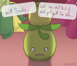 animated bellossom bullelewds cock_shadow english_text fear gif grass grass_type intimidation penis_awe pokémon_(species) pokemon pokemon_(species) pokemon_sv scared scared_expression shadow size_comparison size_difference smaller_female smoliv text text_box text_bubble tsareena