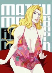 1girls anddeath arm_support big_breasts bleach blonde_hair blue_eyes breasts cleavage clothing huge_breasts large_breasts legs_together lipstick long_hair makeup matsumoto_rangiku mole mole_under_mouth no_bra revealing_clothes sagging_breasts sitting solo