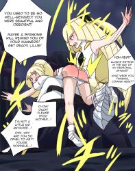 2girls ankle_socks anklehighs ass blonde_hair breasts crying crying_with_eyes_open dress english_text female female_only green_eyes high_heels lillie_(pokemon) long_hair lusamine_(pokemon) milf mother_and_daughter nintendo over_the_knee_spanking panties panties_down pinkiri pinkiri_(jawking) pokemon pokemon_sm ponytail punishment punishment_spanking shirt shoes skirt skirt_down small_breasts socks spanking striped_panties tears text text_bubble thighhighs turtleneck turtleneck_dress white_dress white_shirt white_skirt white_socks