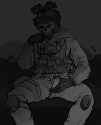 artist_request average_sized_penis black_and_white call_of_duty call_of_duty_modern_warfare_2_(2022) erection ghost_(modern_warfare_2) holding_penis looking_at_viewer male military_uniform realistic_anatomy red_eye simon_riley solo_male