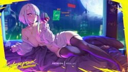 1girls asian asian_female big_ass big_breasts cd_projekt_red cleavage cybernetics cyberpunk:_edgerunners cyberpunk_2077 cyborg female female_only light-skinned_female light_skin lucyna_kushinada mitsu_art multicolored_hair netflix nude short_hair stockings studio_trigger white_hair wine