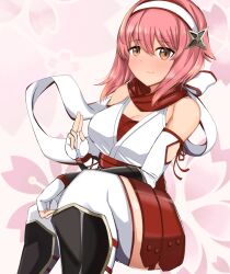 1girls alternate_costume bangs bare_thighs breasts chest_sarashi cleavage elbow_gloves female female_only fingerless_gloves fire_emblem fire_emblem_fates gloves hairband inner_thighs looking_at_viewer medium_breasts medium_hair ninja nintendo orange_eyes pink_hair sakura_(fire_emblem) sarashi smile thighhighs thighs toshimasa