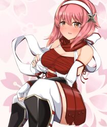 1girls alternate_costume bangs bare_thighs blush breasts breasts_out chest_sarashi cleavage clothes_lift elbow_gloves embarrassed female female_only fingerless_gloves fire_emblem fire_emblem_fates gloves hairband inner_thighs lifted_by_self looking_at_viewer medium_breasts medium_hair ninja nintendo open_mouth orange_eyes pink_hair presenting presenting_breasts sakura_(fire_emblem) sarashi thighhighs thighs toshimasa