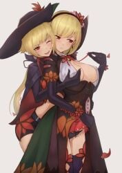 2girls bell_orgel black_panties blonde_hair breasts cape crop_top dhampir_(monster_girl_encyclopedia) dress earrings embarrassed female female_only gloves hairband hand_on_breast happy hat large_breasts looking_at_viewer medium_hair midriff monster_girl_encyclopedia one_eye_closed open_dress panties ponytail red_eyes shorts succubus thighhighs vampire_(monster_girl_encyclopedia)