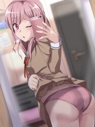 ;o ass ass_focus bang_dream! big_ass holding_phone huge_ass karakuri_musha lifting lifting_clothing lifting_skirt long_hair looking_at_viewer looking_back maruyama_aya mirror mirror_reflection mirror_selfie panties pantyshot phone pink_eyes pink_hair pink_panties school_uniform selfie skirt_lift tagme unicorn wink winking winking_at_viewer