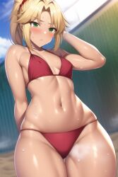 1girls ai_generated beach bikini blonde_hair blush breasts embarrassed fate/apocrypha fate/grand_order fate_(series) female green_eyes medium_hair mordred_(fate) mordred_(swimsuit_rider) nai_diffusion navel outdoor outdoors ponytail red_bikini small_breasts stable_diffusion tan tan-skinned_female tanned_skin