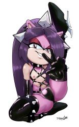 alternate_version_at_source bondage_harness elbow_gloves fan_character female female_only flat_chest flat_chested gloves hair_ornament high_heel_boots high_heels latex latex_armwear latex_boots latex_gloves latex_legwear legs_up ponytail robo-sama shuriken solo_female sonic_(series) sonic_the_hedgehog_(series) spiked_collar spikes star_the_spineless_hedgehog straps thigh_boots thighhigh_boots v_sign