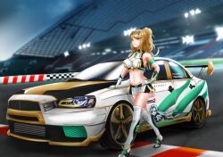 1girls blonde_hair breasts car core_crystal crop_top earrings gloves hand_on_hip high_heel_boots high_heels large_breasts looking_at_viewer midriff miniskirt mitsubishi mitsubishi_lancer mythra navel nintendo ponytail race_car race_queen racetrack skirt tiara vhayste white_crop_top white_skirt xenoblade_(series) xenoblade_chronicles_2 yellow_eyes