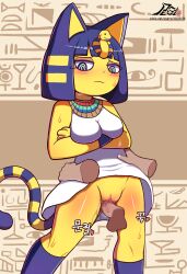 1boy 1boy1girl 1girls 2022 animal_crossing ankha anthro big_breasts big_penis black_eyes black_legwear blue_hair blush breasts cat_ears cat_tail catgirl censored censored_penis censored_pussy dress_lift female female_focus furry legwear looking_down male male/female nintendo no_panties penis penis_rubbing_pussy plus_t pussy pussy_juice rubbing_pussy simple_background standing standing_sex sweat sweatdrop thick_thighs thighs yellow_fur yellow_skin