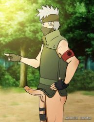 1boy ef_drawings erection grey_hair hatake_kakashi male_only mature_male naruto older_male penis pubic_hair solo