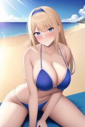 ai_generated alice_schuberg alluring bare_legs beach beach_towel bikini blonde_hair blue_eyes nai_diffusion ocean sea stable_diffusion sword_art_online