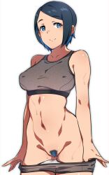 bare_shoulders black_hair blue_eyes blue_hair bra em_(totsuzen_no_hakike) female female_pubic_hair grey_bra grey_panties gundam gundam_suisei_no_majo multicolored_hair navel nika_nanaura panties panty_pull pubic_hair short_hair simple_background smile solo sweat two-tone_hair underwear underwear_only white_background