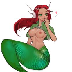 1girls breasts cws512 female fish_tail gills green_eyes green_tail hand_on_lips mermaid mermaid_girl mermaid_tail monster_girl red_hair tagme white_background 人魚