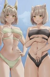 2girls absurd_res amayo_thranana bikini black_bikini black_swimsuit blush breasts cat_ears catgirl cleavage confident core_crystal female female_only highres hourglass_figure medium_breasts midriff mio_(xenoblade) navel nervous nia nia_(xenoblade) nintendo silver_hair slim slim_waist small_breasts smile smirk standing strapless strapless_bikini strapless_swimsuit swimsuit thick_thighs thighs thrananaart underboob white_bikini white_swimsuit xenoblade_(series) xenoblade_chronicles_3 yellow_eyes