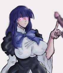 07th_expansion alternate_breast_size average_sized_penis big_breasts blue_hair censored_penis clothed clothed_female crimsonwitch doodle female frederica_bernkastel imminent_oral imminent_sex long_hair massive_breasts nipples_visible_through_clothing pink_eyes purple_hair simple_background touching_penis umineko_no_naku_koro_ni visible_nipples