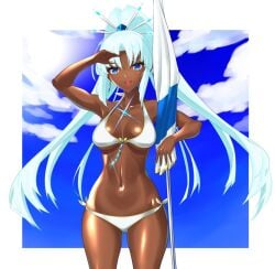 1girls back-tie_bikini bikini blue_eyes breasts clouds core_crystal dark-skinned_female dollinger earrings large_breasts looking_at_viewer midriff navel nintendo perun_(xenoblade) ponytail side-tie_bikini side-tie_swimsuit sky swimsuit twintails umbrella white_bikini white_swimsuit xenoblade_(series) xenoblade_chronicles_2