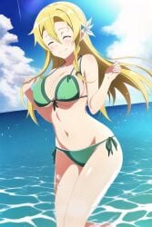 1girls ai_generated alluring beach big_breasts bikini blonde_hair closed_eyes duderu female female_only grin leafa nai_diffusion ocean sea solo stable_diffusion sword_art_online wet