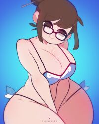 barely_clothed bikini breasts brown_eyes brown_hair child_bearing_hips flipherrrr glasses hands_between_legs happy happy_girl large_breasts mei_(overwatch) overwatch smiling_at_viewer thunder_thighs