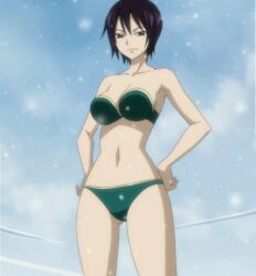 1girls bare_shoulders black_hair bra breasts cleavage fairy_tail female_focus female_only hand_on_hip hands_on_hips highres lingerie mature_female midriff navel panties screencap short_hair snow snowing solo standing stitched thighs third-party_edit underwear ur