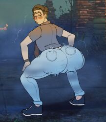 1boy ass big_ass blueglittercum blush blushing_at_viewer brown_hair butt dead_by_daylight dwight_fairfield fully_clothed glasses huge_ass huge_butt looking_at_viewer looking_back looking_back_at_viewer male male_only solo thick_ass twerking