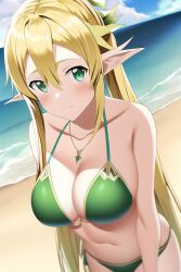 1girls ai_generated alluring beach big_breasts bikini blonde_hair cleavage duderu female female_only green_eyes leafa nai_diffusion ocean sea solo stable_diffusion sword_art_online