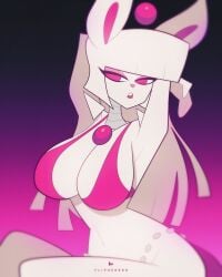 anthro arms_behind_head big_butt bikini_top breasts flipherrrr inner_sideboob large_breasts pink_eyes rabbit rabbit_girl white_hair