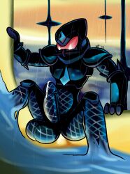 2022 anthro aqua_agent armor armwear balls big_balls big_penis blue_armwear blue_balls blue_body blue_chestplate blue_clothing blue_glans blue_gloves blue_handwear blue_headwear blue_helmet blue_penis blue_topwear bodily_fluids clothing duel_masters elemental_creature erection front_view gauntlets genital_fluids genitals glans gloves handwear headgear headwear hi_res humanoid_genitalia humanoid_penis knee_pads looking_down male penis precum red_sclera shoulder_pads sitting solo spread_legs spreading topwear ultilix water water_creature white_eyes