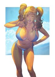 blonde_hair blue_bikini female homare_(fool's_art) huge_breasts large_breasts looking_at_viewer original_character purple_eyes side-tie_bikini side-tie_bikini_bottom smile smiling_at_viewer