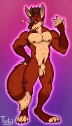 absurd_res animal_genitalia anthro body_hair canid canine digitigrade eyewear fox genitals gesture glasses happy_trail hi_res looking_at_viewer male mammal muscular nude one_eye_closed pose sheath simple_background solo tanos totakeki waving waving_at_viewer wink