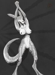 absurd_res anthro areola arms_above_head athletic athletic_female breasts closed_eyes ears_back female genitals greyscale hands_above_head hi_res kangaroo macropod mammal marsupial monochrome navel nude pivoted_ears pussy shaded simple_background solo standing stretching vike_mike