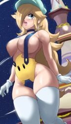 1girls blonde_hair blue_eyes breasts echosaber fat_breasts female female_only flat_belly hair_over_one_eye hat hi_res hips large_breasts light-skinned_female light_skin long_hair mario_(series) nintendo outdoors princess_rosalina revealing_clothes slim_waist solo solo_female space standing stars super_mario_galaxy suspenders thick_thighs thighs wide_hips