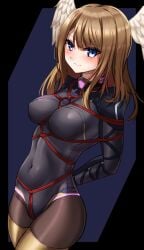 1girls alternate_costume arms_behind_back big_breasts blue_eyes blush bodysuit bondage bound bound_arms bound_wrists breasts brown_hair crotch_rope eunie_(xenoblade) female female_only femsub happy_sub hourglass_figure large_breasts latex legwear nintendo noir_au_laut official_alternate_costume pokies red_rope rope rope_bondage secretly_loves_it segiri_(xenoblade)_(cosplay) shibari shiny shiny_clothes skin_tight skintight_bodysuit smile solo_female submissive submissive_female thick_thighs thighs wings xenoblade_(series) xenoblade_chronicles_3 yellow_legwear