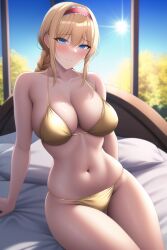 ai_generated alice_schuberg alluring bed big_breasts bikini blonde_hair blue_eyes gold_bikini nai_diffusion on_bed sitting stable_diffusion sun sunshine sword_art_online window