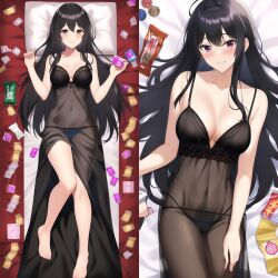 1girls ai_generated arms_up bed black_hair black_panties blush condom condom_box condom_packet_strip condom_wrapper dress female grey_eyes hair large_breasts lingerie long mature_female messy_hair nai_diffusion negligee nymphomania pillow purple_eyes see-through smile stable_diffusion underwear