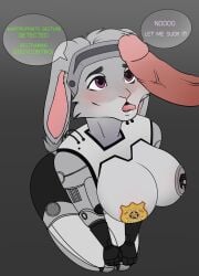 absurd_res anthro arrteen ass begging begging_pose big_breasts bodily_fluids breasts bubble_butt cybernetics cyborg disembodied_penis disney drooling duo female fur genitals grey_body grey_fur hi_res judy_hopps kneeling kneeling_oral_position lagomorph large_breasts leporid looking_at_genitalia looking_at_penis machine male male/female mammal multicolored_body offscreen_male pasties penis pose purple_eyes rabbit robocop robocop_(franchise) saliva tongue tongue_out two_tone_body zootopia