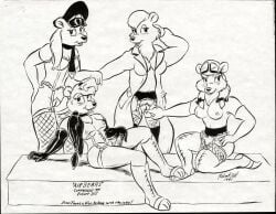 1990s 1991 1futa 20th_century 3girls anthro bear bear_girl female fingering furry furry_only futanari intersex latex latex_gloves line_art military original original_character original_characters pubic_tuft straight_hair traditional_media_(artwork) vawlkee wet_pussy