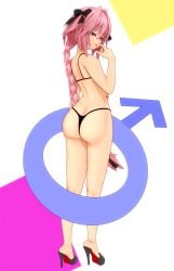 1boy ass ass_cleavage astolfo_(fate) big_ass butt_crack fate/grand_order fate_(series) femboy girly heels high_heels koikatsu male male_only mars_symbol ob_sidian pink_hair purple_eyes thong trap