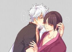 2boys breath closed_eyes clothed clothing gay gintama gintoki_sakata hadanugi_dousa hand_on_another's_head japanese_clothes japanese_text kimono licking looking_at_another male male_only oju popped_collar purple_hair red_eyes sweatdrop takasugi_shinsuke thought_bubble tongue_out upper_body white_hair yaoi