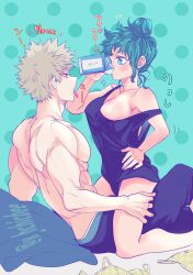 1boy 1girls begging blonde_hair bra_aside busty drinking_milk female female_deku green_eyes hair_bun hand_on_leg izuku_midoriya katsuki_bakugou male muscular muscular_male my_hero_academia on_lap panties_aside rule_63 sitting_on_lap sitting_on_person spiky_hair suggestive tank_top text thirsty tongue tongue_out x_hchicbee