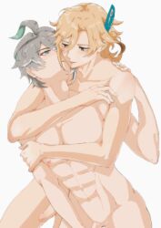 2boys abs alhaitham_(genshin_impact) bl blonde_hair genshin_impact green_eyes grey_hair holding_body kaveh_(genshin_impact) kavetham nude_male red_eyes yaoi