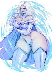 blonde_hair blue_eyes blue_lipstick corset emma_frost huge_breasts looking_at_viewer marvel marvel_comics panties smirking_at_viewer theartofmathew thick_thighs white_queen wide_hips x-men