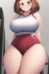 ai_generated blush brown_eyes brown_hair female funemily1 gym_uniform large_breasts my_hero_academia nai_diffusion ochako_uraraka stable_diffusion thick_thighs wide_hips